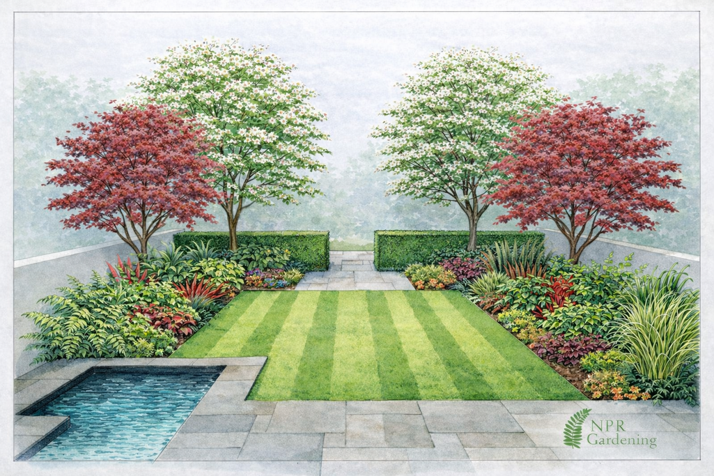 Perspective illustration of a formal family garden with lawn, borders and water feature.