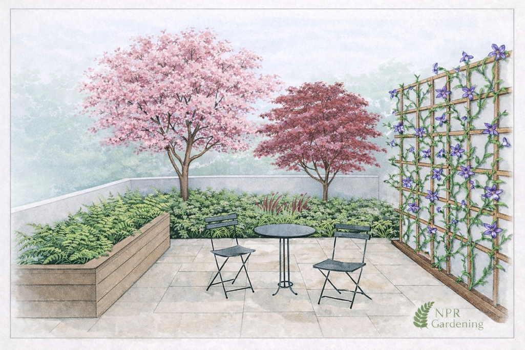 Perspective illustration of a traditional patio seating area with raised planting and climbing plants.